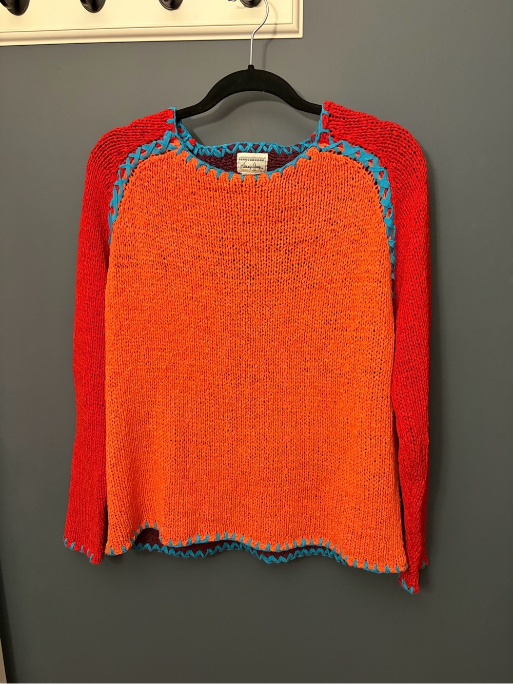 VINTAGE Bright Orange & Red Knit Sweater with Teal Trim